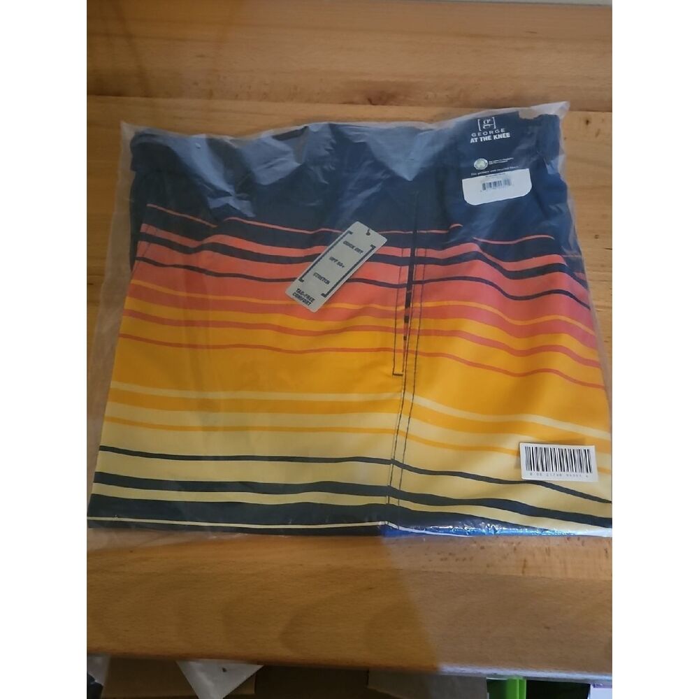 George At The Knee Swim Trunks - Navy with Orange Stripe